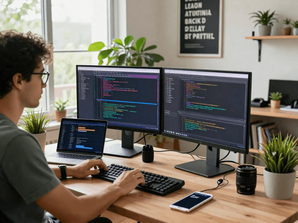 Software engineer coding in a modern home office, exploring innovative ideas with focus on ia +18.