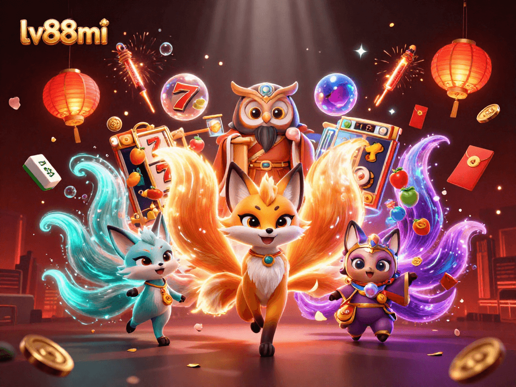 Experience vibrant gaming with the lively scene featuring lv88mi, showcasing slot reels and colorful characters.