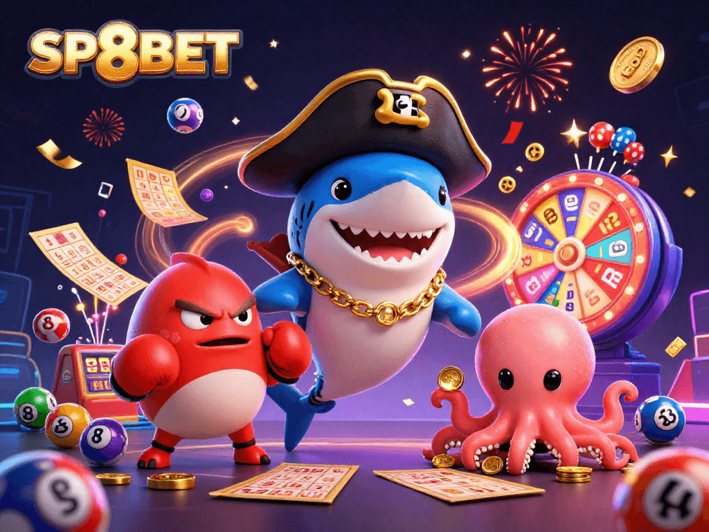 Experience thrilling online games with SP8BET's exciting 3D casino illustration featuring vibrant elements.