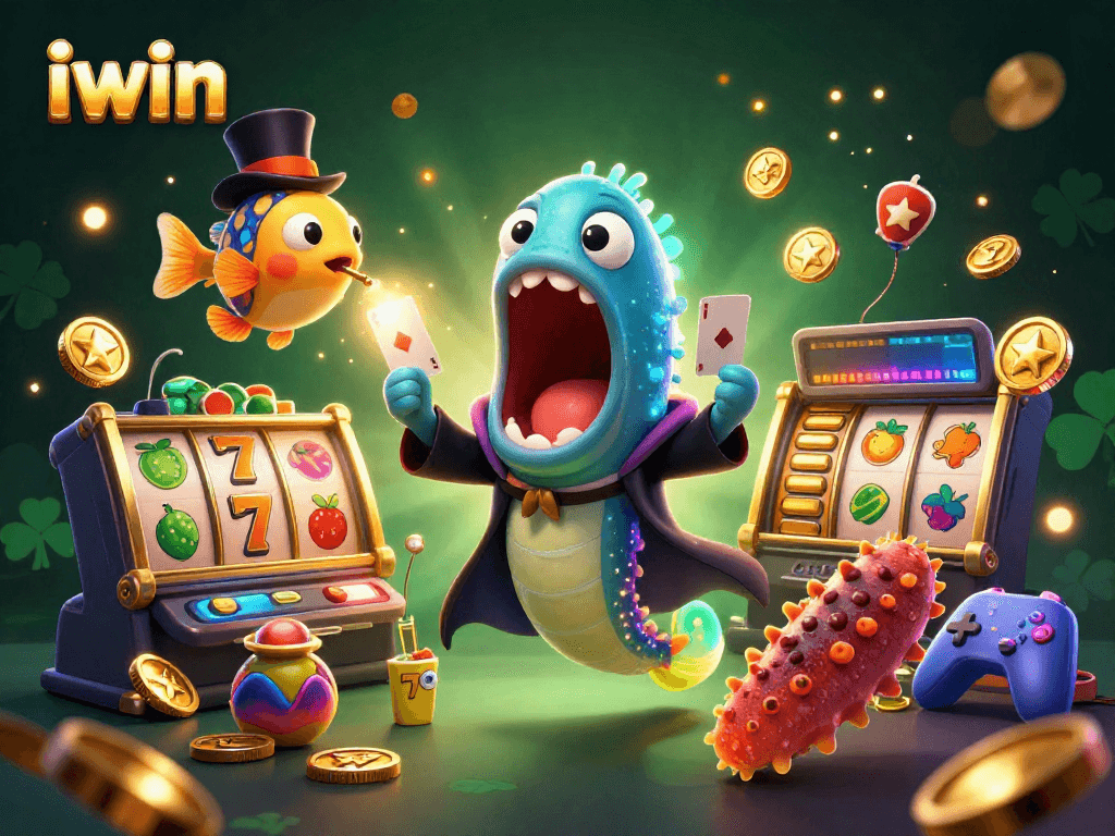 iwin's thrilling magic show features a deep-sea eel, anglerfish, and a sea cucumber in a colorful jackpot celebration.