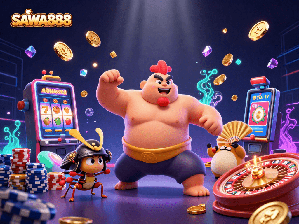 SAWA888 offers exhilarating gaming with animated slot machines and cheerful characters in action.