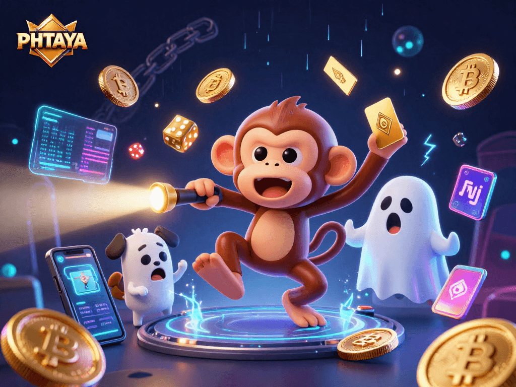 PHTAYA enhances online gaming excitement with a dynamic, haunted casino scene featuring a playful poltergeist monkey and a curious puppy.