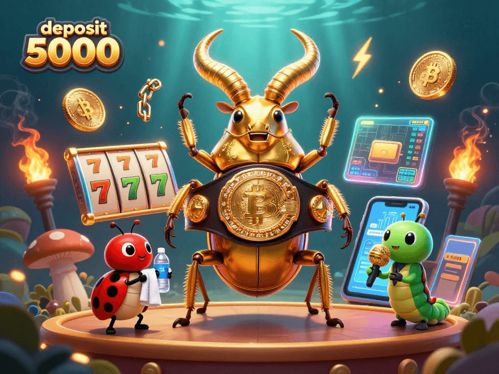 Spin winning slot reels with a giant golden stag beetle champion in a vibrant casino scene highlighting deposit 5000