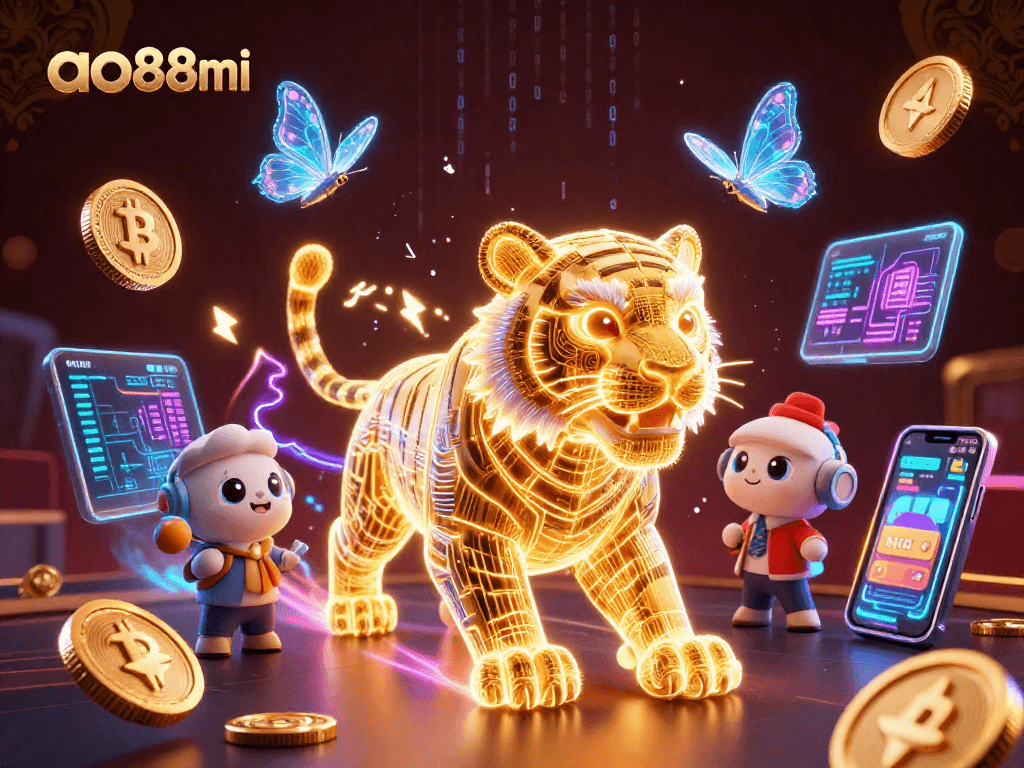 Experience the excitement at ao88mi, capturing a neon-wireframe tiger in a vibrant digital casino.