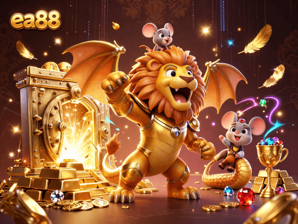 Engage in thrilling gameplay at ea88, featuring a vibrant 3D chimera and lavish casino treasures.