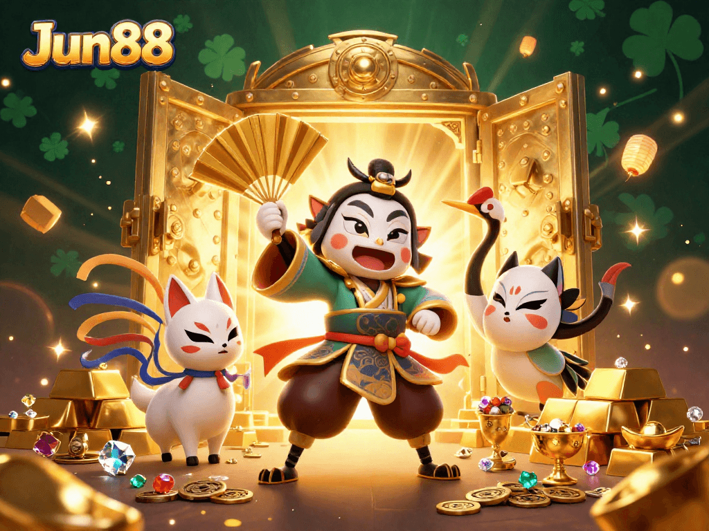 Engage in high-stakes excitement with Jun88 as kabuki warriors celebrate casino treasures.