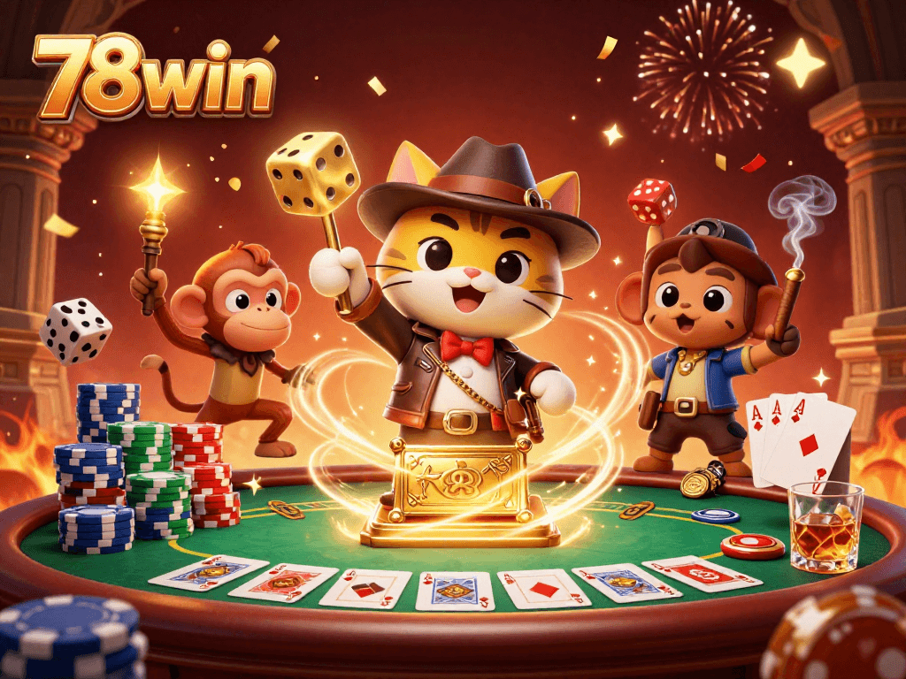 Engage in thrilling gameplay at 78win with a 3D illustration of a cat archaeologist uncovering golden casino treasures.
