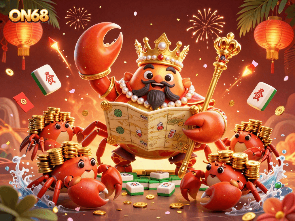 Experience thrilling gaming at ON68 with a vibrant scene of a golden crab emperor in a dynamic casino setting.