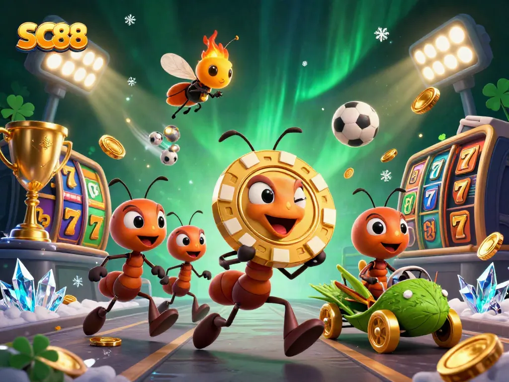 SC88 ants heist carrying a giant poker chip surrounded by dynamic casino elements.