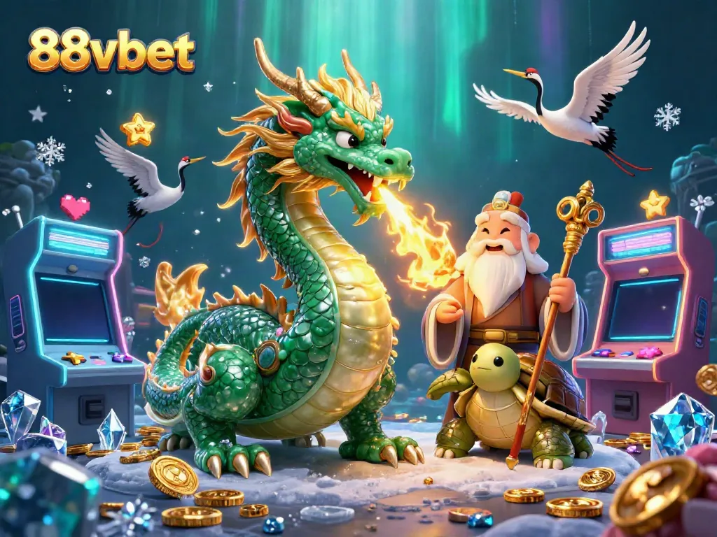 Immerse in the vibrant world of 88vbet with a dynamic scene featuring a jade dragon and lucky cranes.