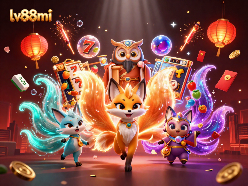 Experience vibrant gaming with the lively scene featuring lv88mi, showcasing slot reels and colorful characters.