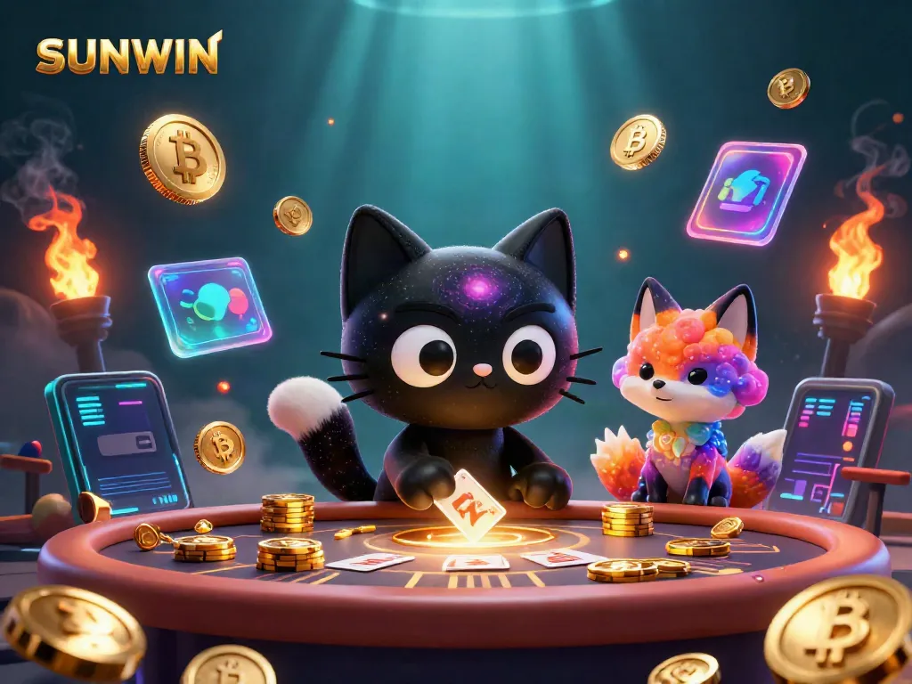 Engage with SUNWIN's captivating cosmic casino experience featuring a unique black hole cat and vibrant fox.