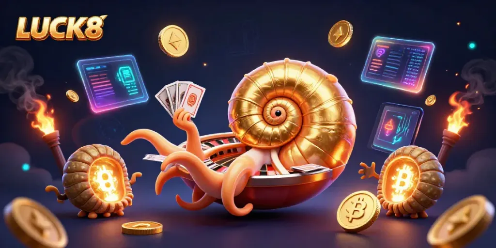 Experience the vibrant LUCK8 casino world with a giant nautilus roulette wheel amid glowing crypto elements.