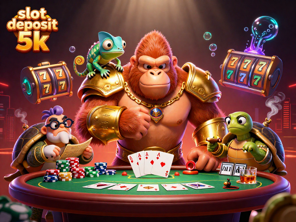 Engage with slot deposit 5k featuring a gorilla king and colorful characters at a lively poker table.