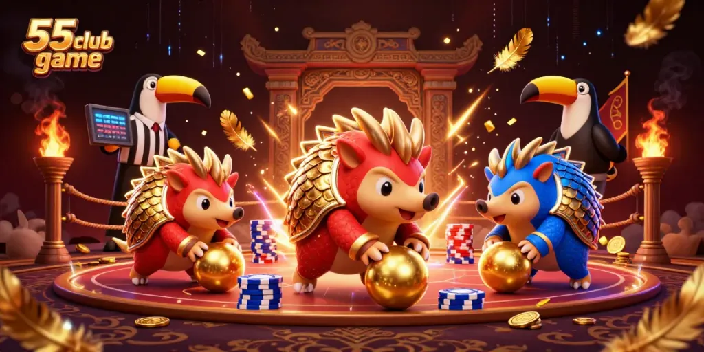 Test your luck with the thrilling 55 club game featuring rival pangolins engaging in intense gameplay action.