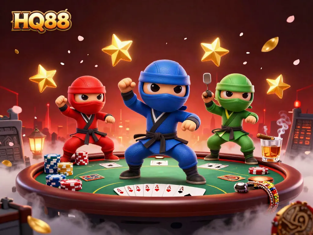 HQ88 features a vibrant scene with cartoon ninjas showcasing poker action while surrounded by casino elements.