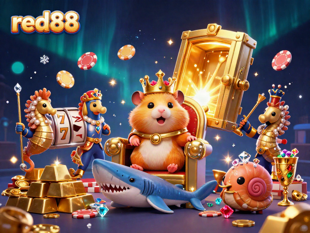 A dynamic casino scene featuring red88 with a golden hamster king, slot elements, and treasure around them.