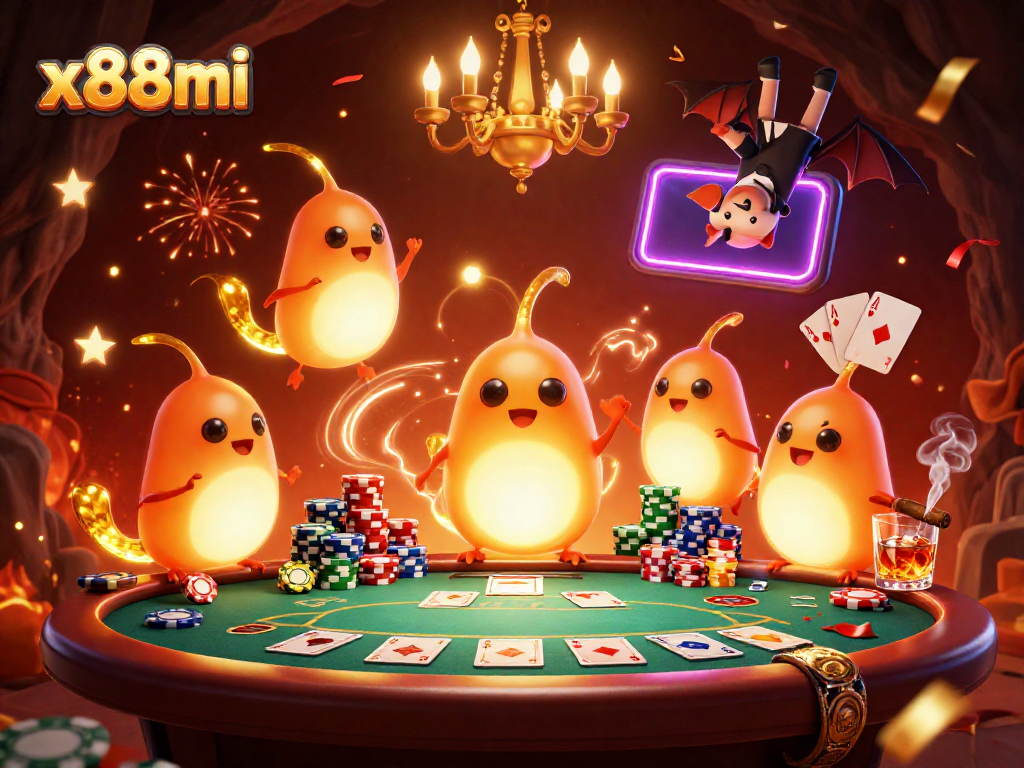 x88mi captivates with a vibrant cave casino scene lit by magical glowworms and a bat dealer.