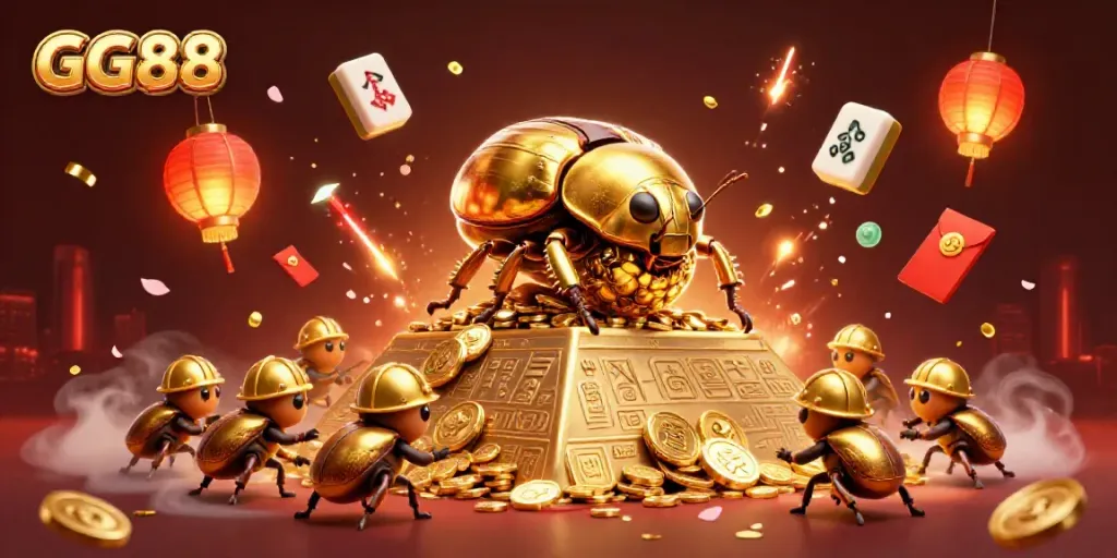 Win big with GG88's dynamic casino-themed illustration showcasing golden riches and game elements.