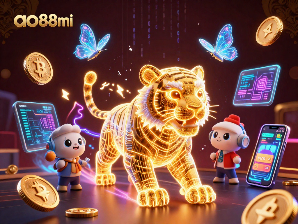 Experience the excitement at ao88mi, capturing a neon-wireframe tiger in a vibrant digital casino.