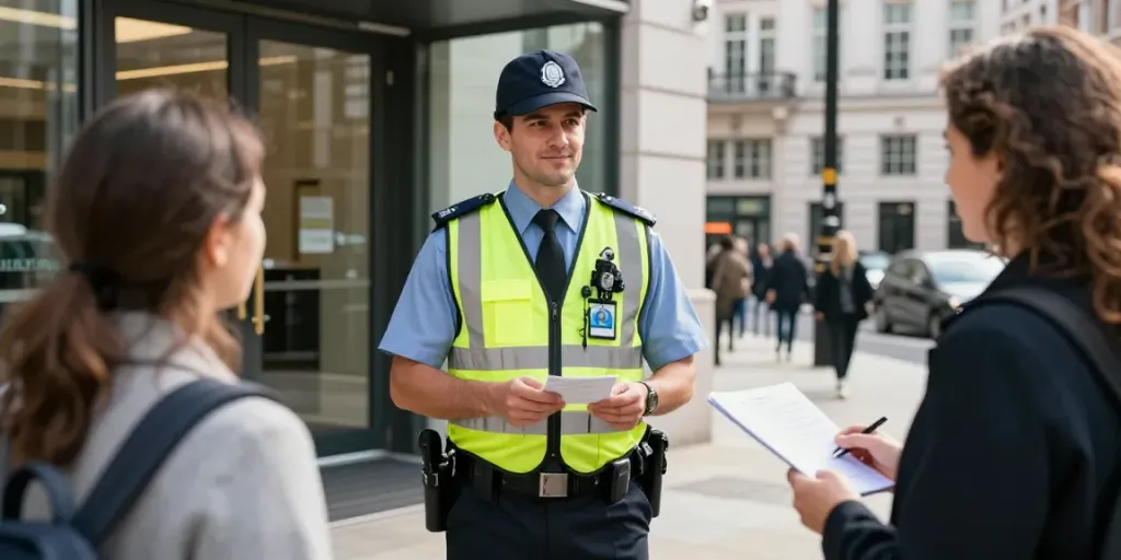 Security Guard providing trusted service at local business entrance in London.