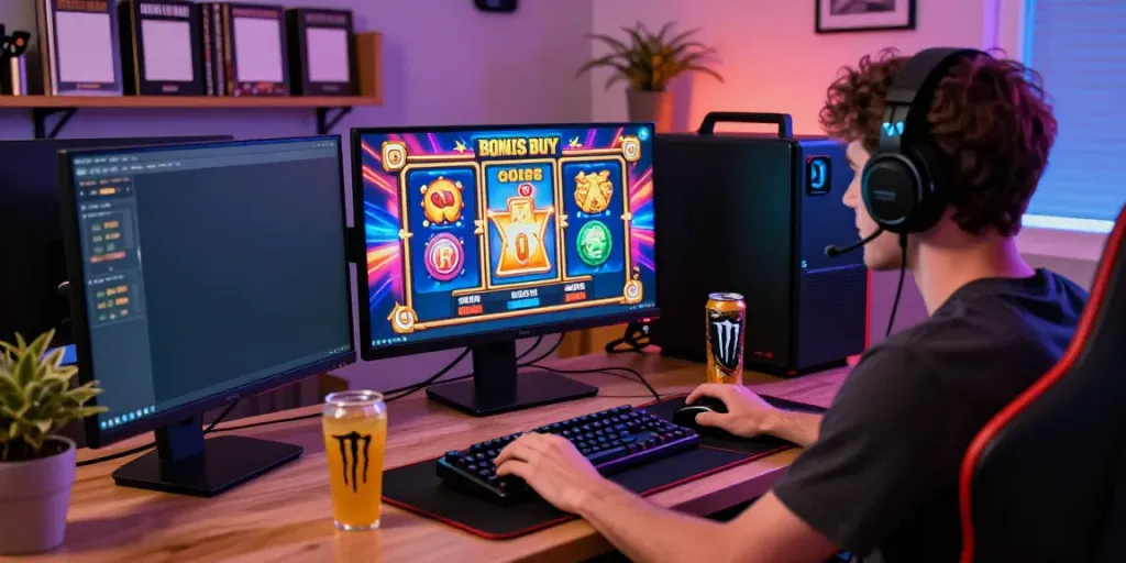 Interactive gaming experience at https://stargazyinn.co.uk featuring Bonus Buy slots, colorful graphics, and an energetic atmosphere.