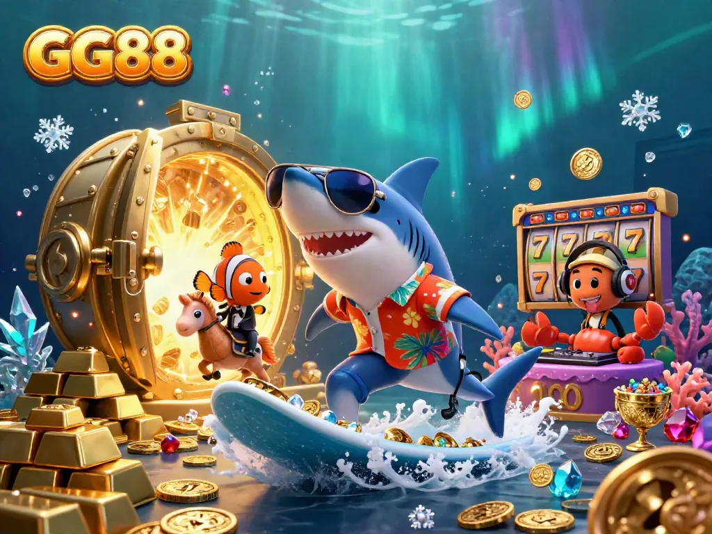 Experience the thrill of GG88 casino with a shark surfing gold coins amid vibrant gaming elements.