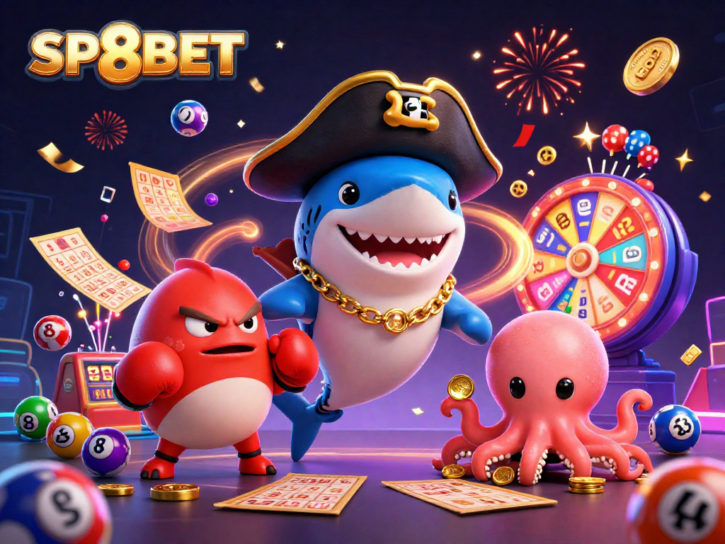 Experience thrilling online games with SP8BET's exciting 3D casino illustration featuring vibrant elements.