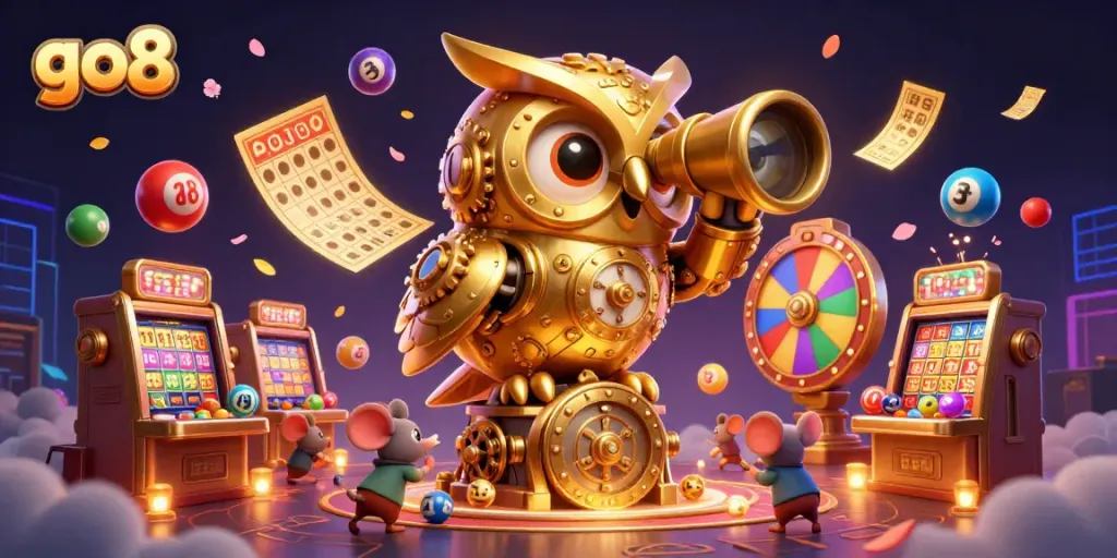 The go8 platform offers an exciting view of a vibrant casino with games and lucky symbols.