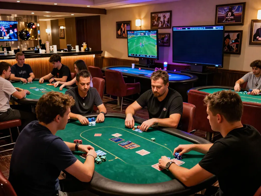 Dynamic gambling action at f168.law gaming lounge with players at poker tables.