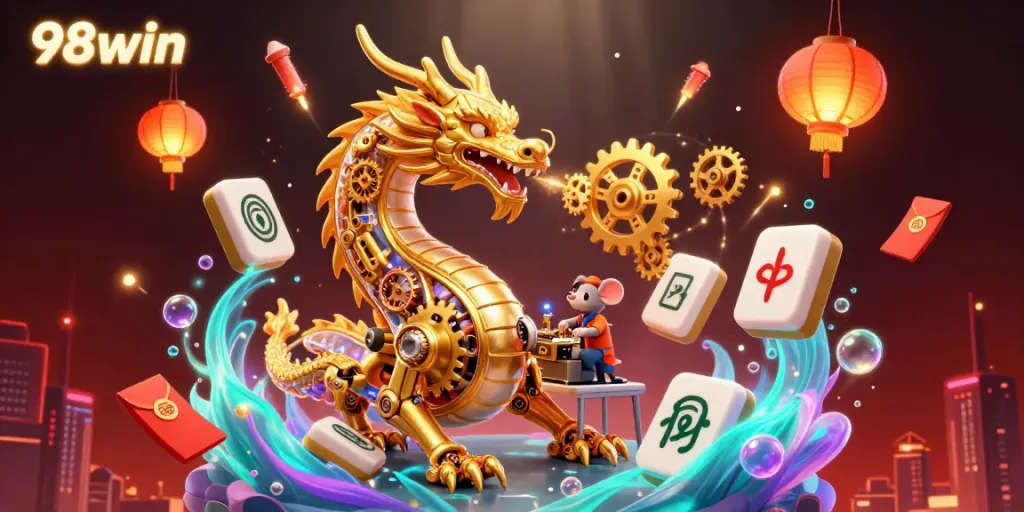 Engage with 98win's thrilling gaming world featuring a golden dragon amidst dynamic casino elements.