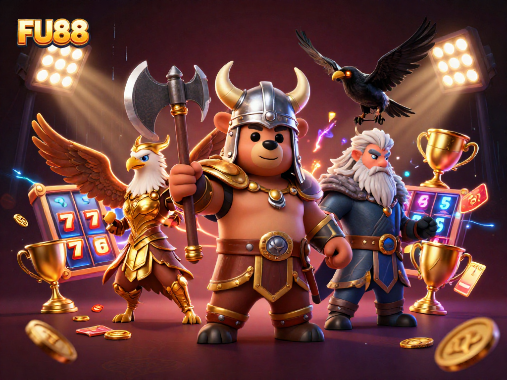 Experience the excitement of FU88 with a dynamic scene featuring 3D characters, slot reels, and vibrant game elements.