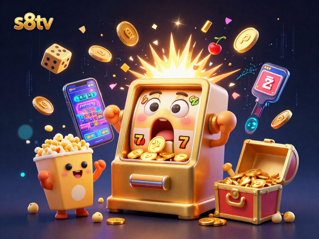 S8TV slots celebrate a jackpot with a golden machine and cheerful characters in a vibrant casino illustration.