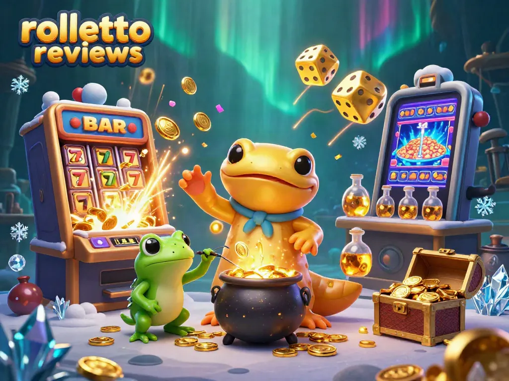 Experience rolletto reviews with a vibrant 3D illustration depicting casino excitement and gold treasures.