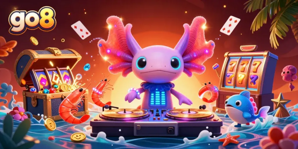 Experience the vibrant energy of go8 with a lively underwater casino scene featuring colorful characters and gaming elements.