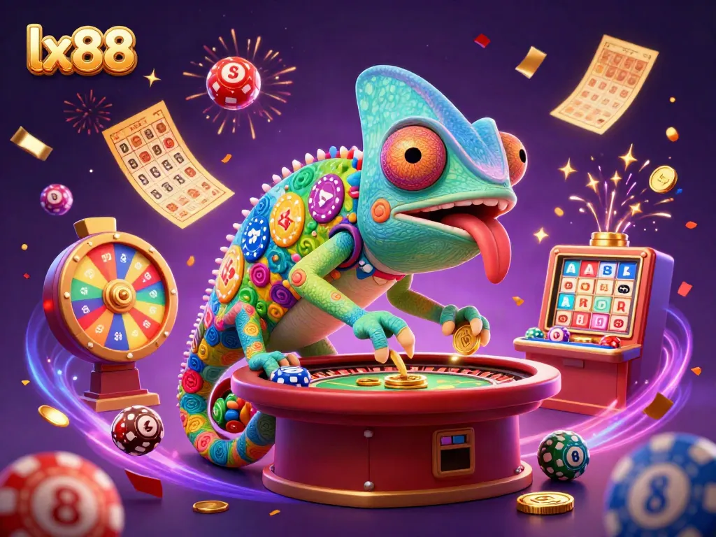 LX88 transforms your gaming experience with vibrant lottery elements and a captivating chameleon casino owner.