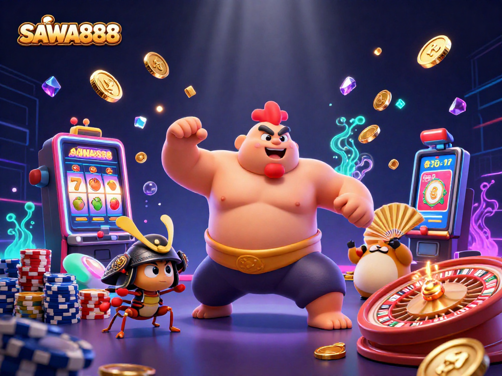 SAWA888 offers exhilarating gaming with animated slot machines and cheerful characters in action.
