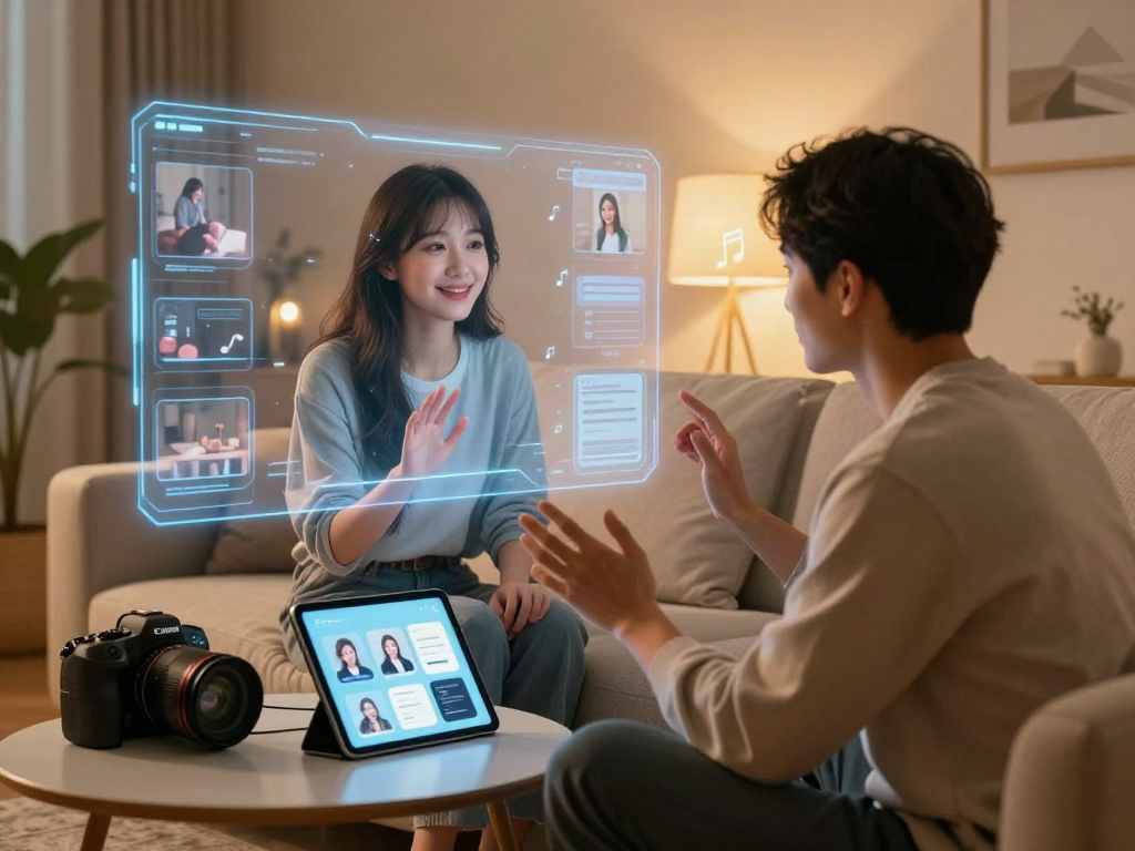 Engaging interaction with an AI girlfriend, futuristic lifestyle technology, warm ambiance