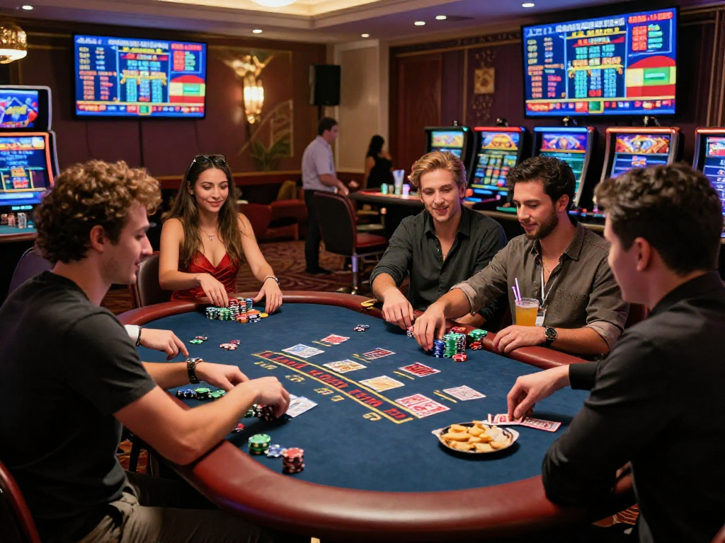 KOMBET168 gaming excitement with friends at a vibrant casino table.