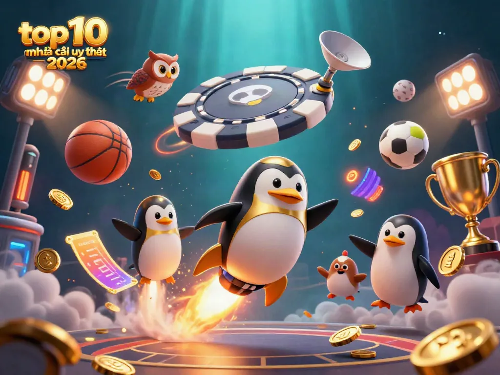 Explore the dynamic world of top 10 nhà cái uy tín 2026 with a golden penguin and sports elements.