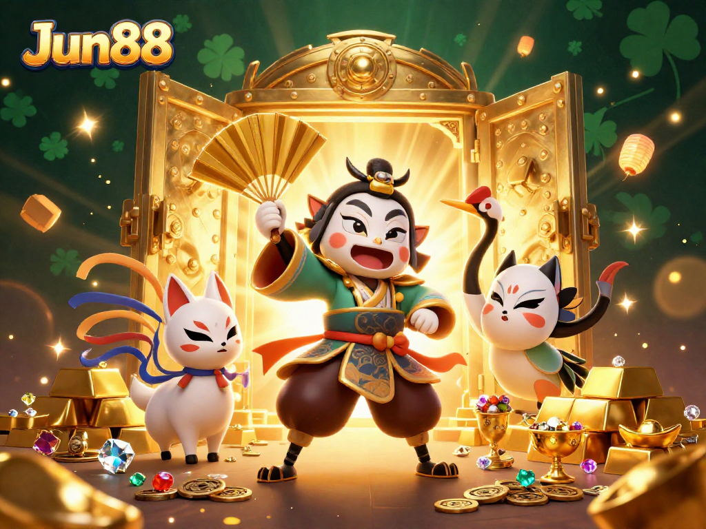 Engage in high-stakes excitement with Jun88 as kabuki warriors celebrate casino treasures.