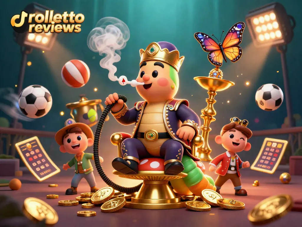 Engage with Rolletto reviews highlighting a vibrant 3D casino scene featuring a caterpillar sultan amidst dynamic sports betting elements.