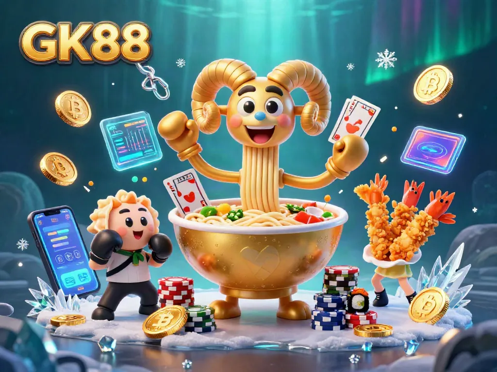GK88 players engage in vibrant online gambling with 3D animated characters and crypto elements.
