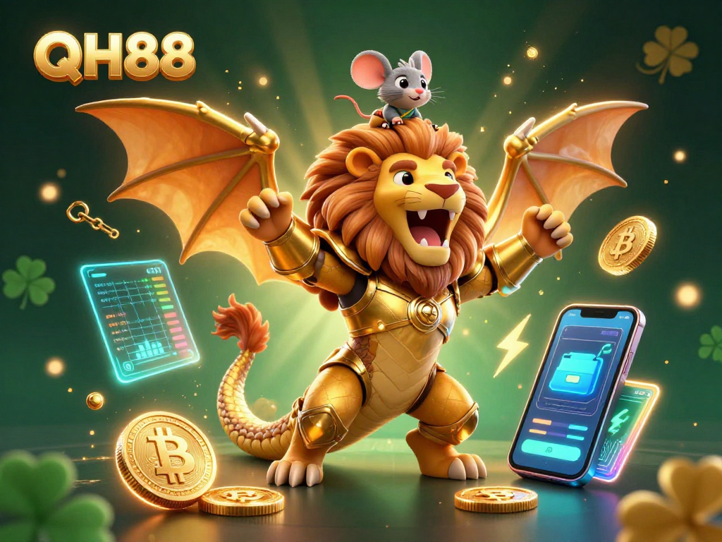 Engage with exciting QH88 gameplay featuring a vibrant, 3D cartoon chimera and crypto elements in a dynamic casino illustration.