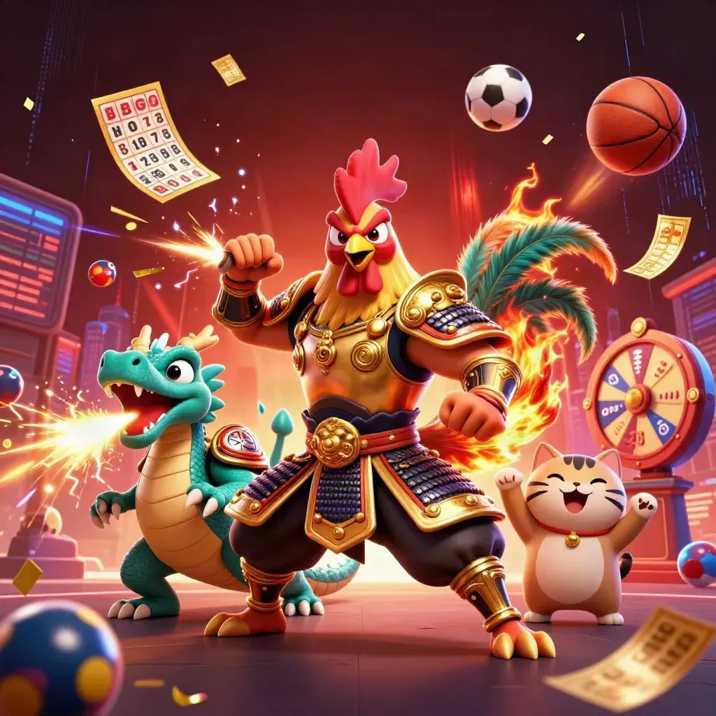 Rooster warrior, spark-breathing hatchling, and fortune-cat amid casino sparks and sports props.