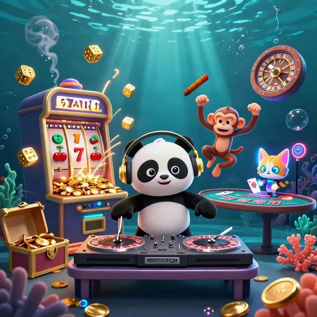 DJ panda, breakdancing monkey, and glow-stick kitten amid casino treasures underwater.