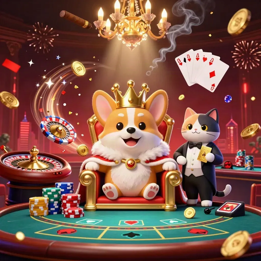 Royal corgi and cat butler amid casino chips, coins, gems, roulette wheel and glowing lights.