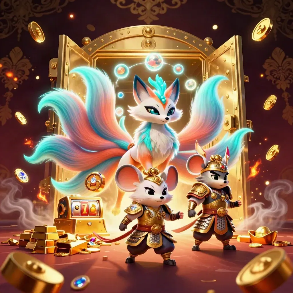 Fox spirit and armored mouse explode through a golden vault amid jewels and casino glow.