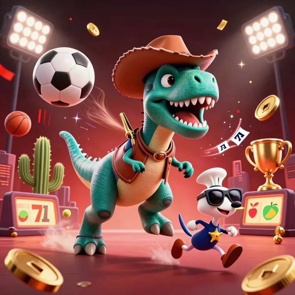 Cowboy T-Rex, cactus sidekick, and sheriff roadrunner amid casino sports energy and glowing treasure.