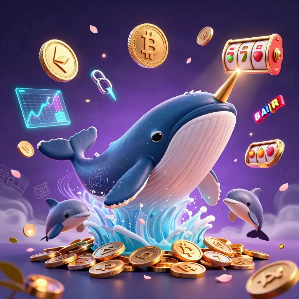 Whale captain, narwhal and dolphins burst through coins in tropical neon casino magic.